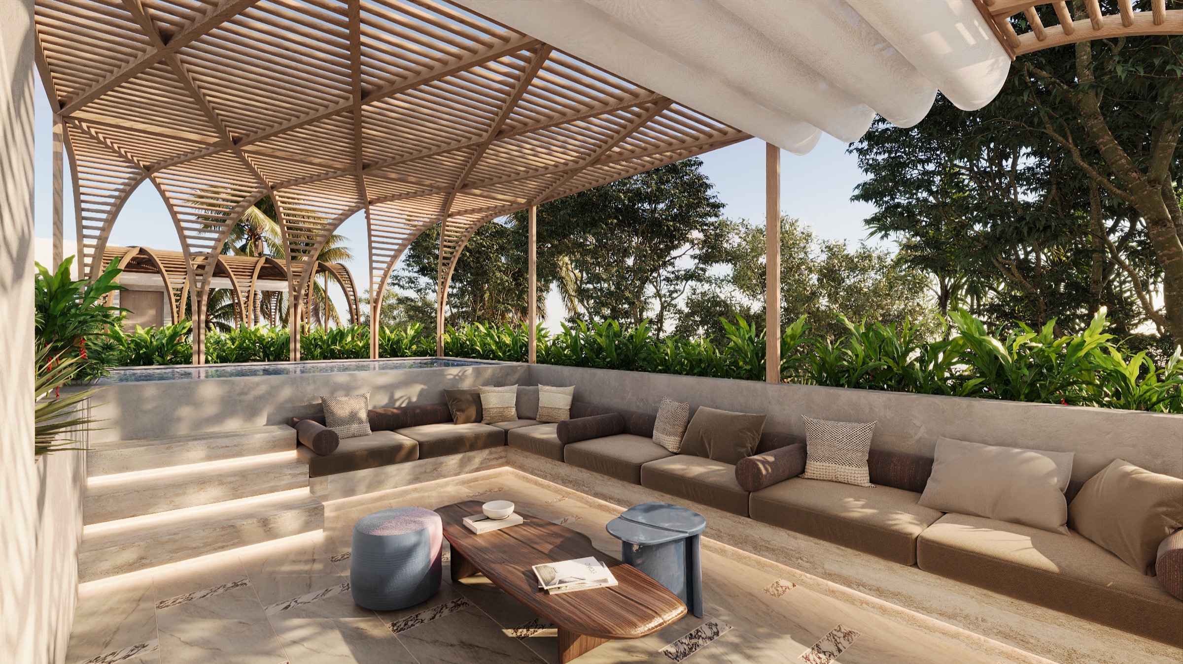 Villa Castor covered terrace and pool, render
