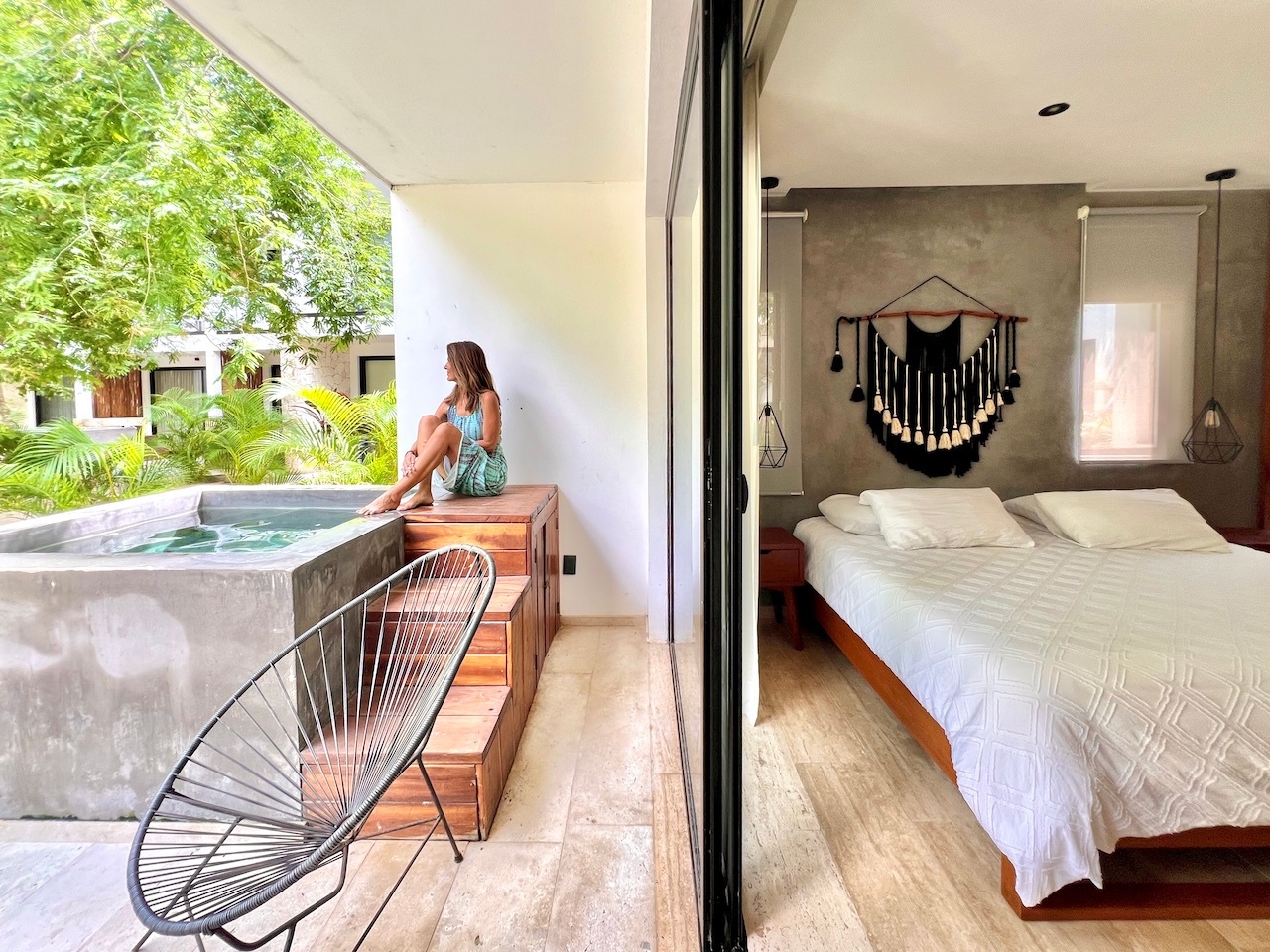 Bedroom and private plunge-pool terrace of the developer's Erena show unit