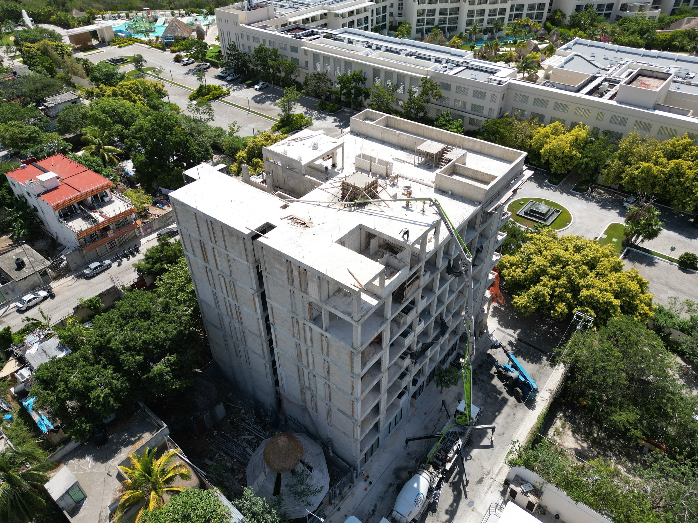 Aerial photograph of the MAIA tower under construction, elevator and stair shaft being poured, 7 August 2026