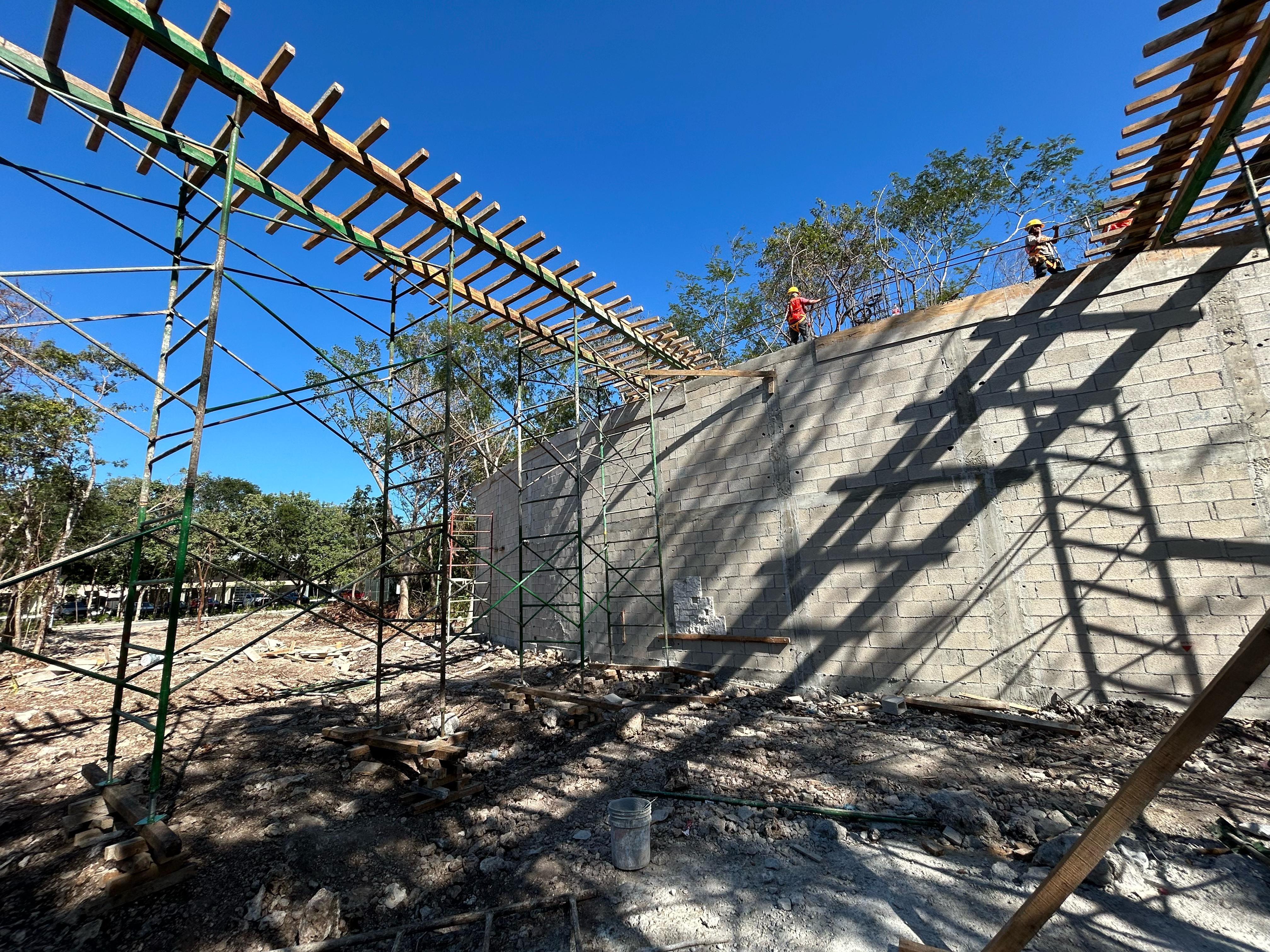 Construction photograph of the entrance portico under construction, March 2025