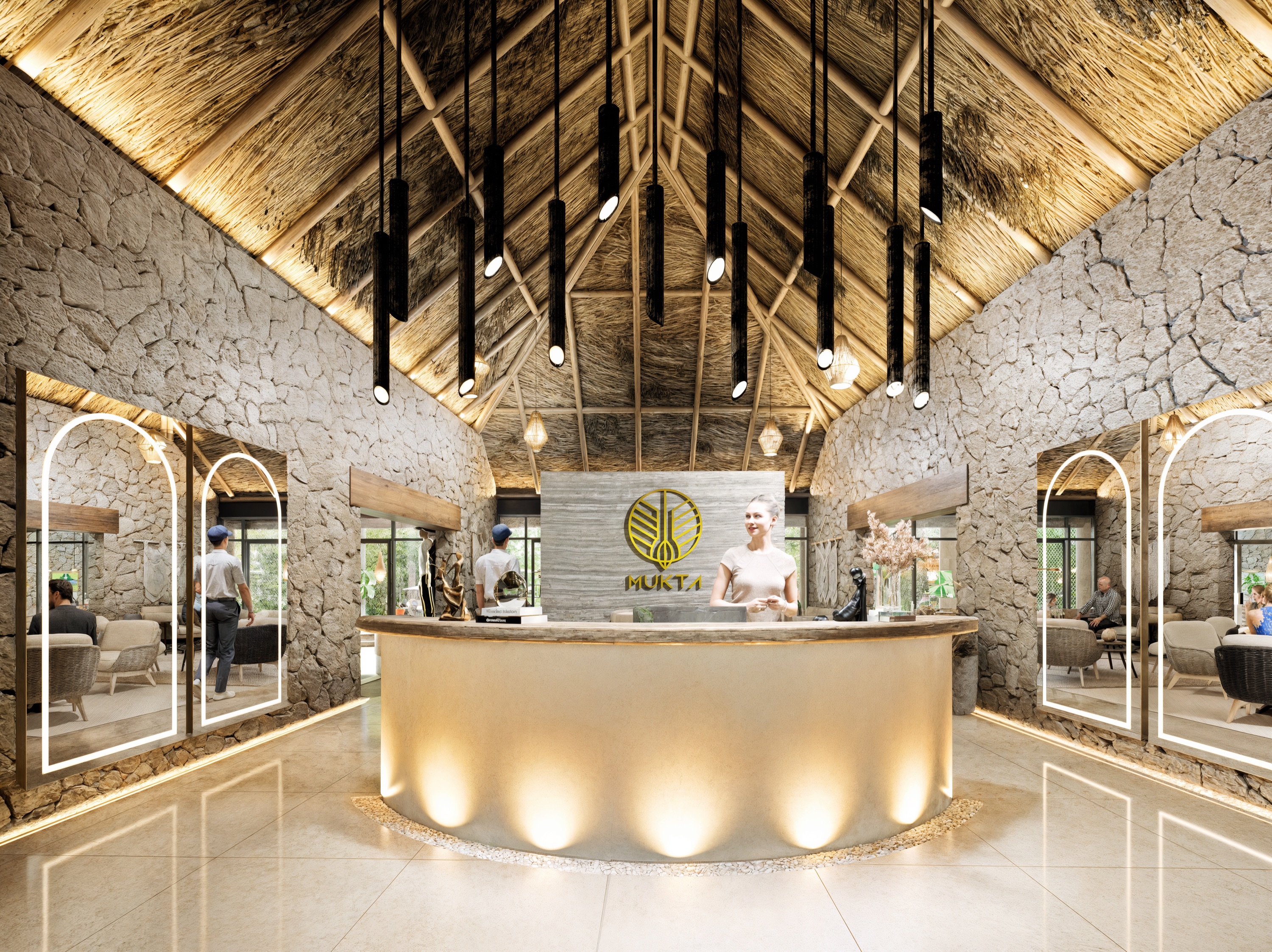 Render of the clubhouse reception interior with a high thatched ceiling