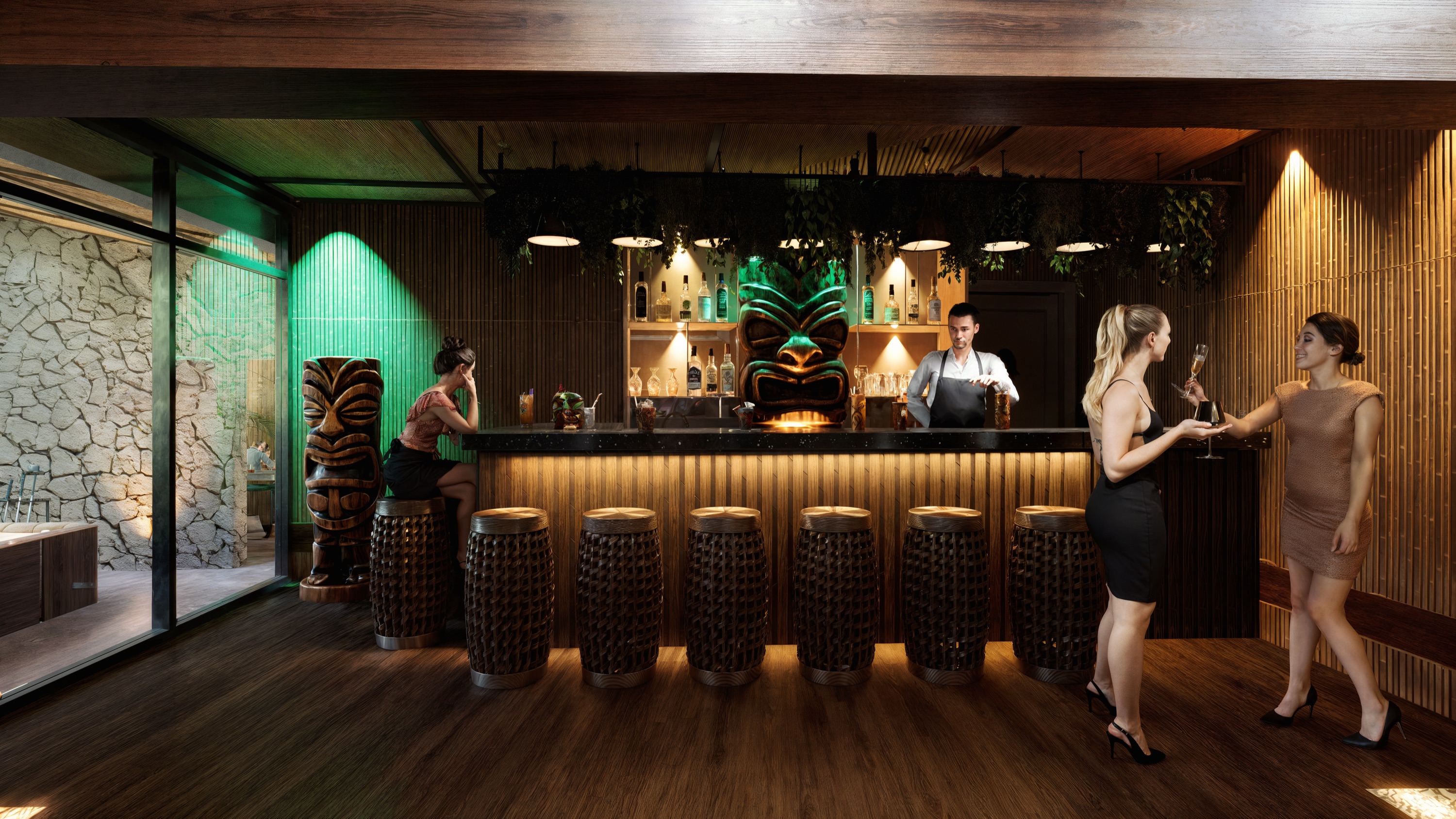 Render of the tiki bar interior at Mukta Residencial