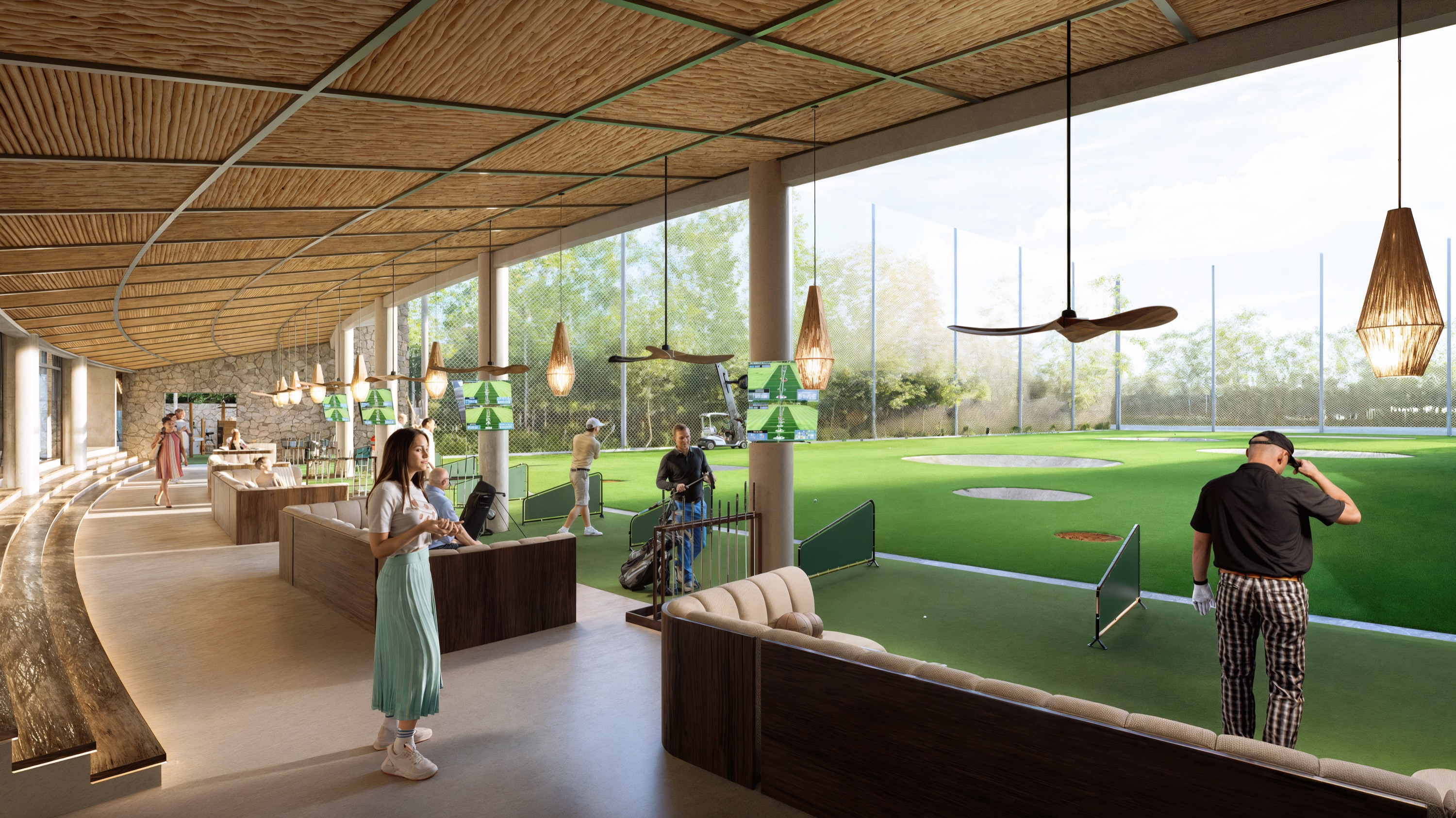 Render of the covered tee line at the Mukta driving range