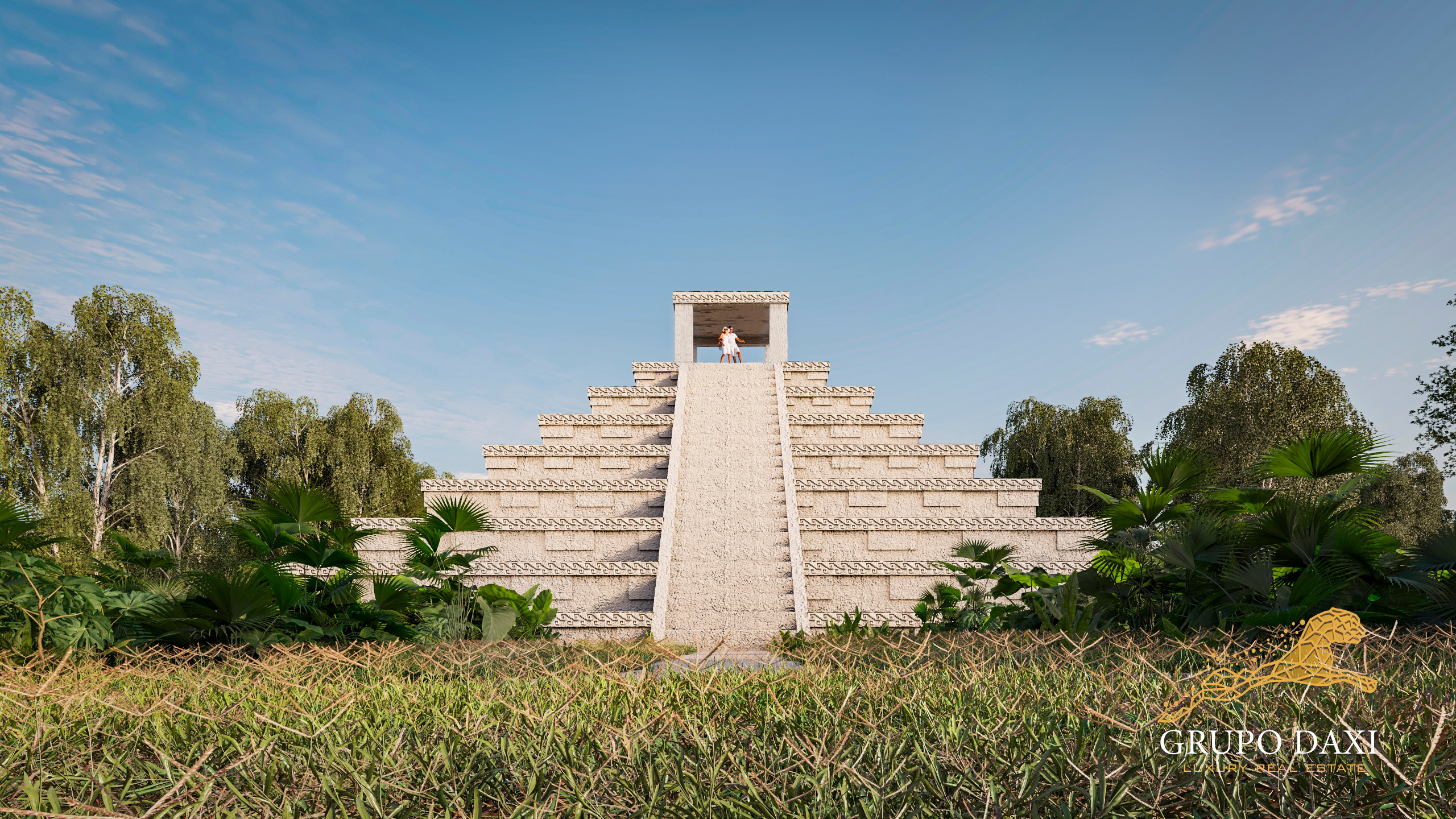 Casa de los Aluxes, the stepped pyramid lookout inside Mukta Residencial, seen head-on across the jungle