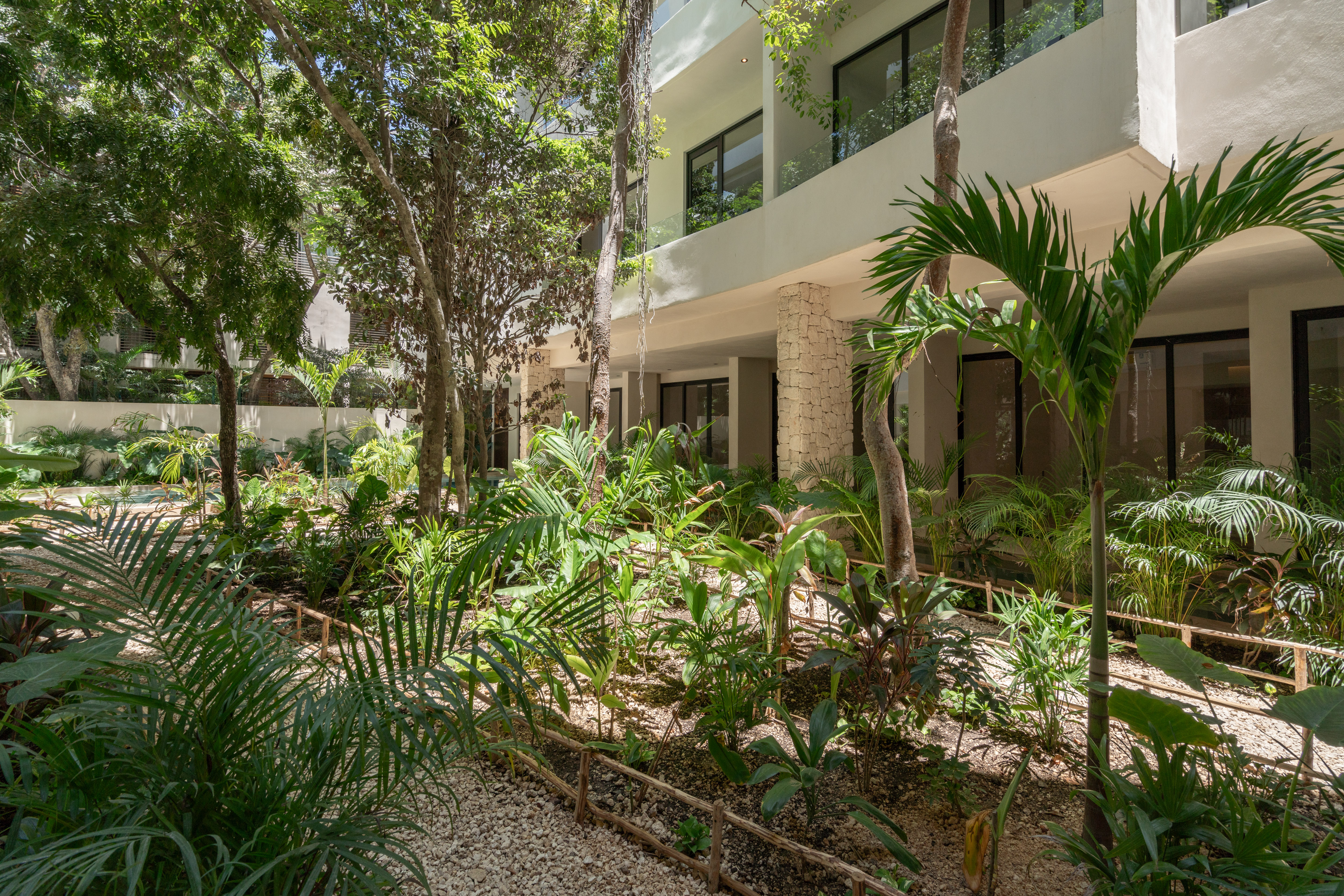 Ground-floor jungle corridor between residences at Narai