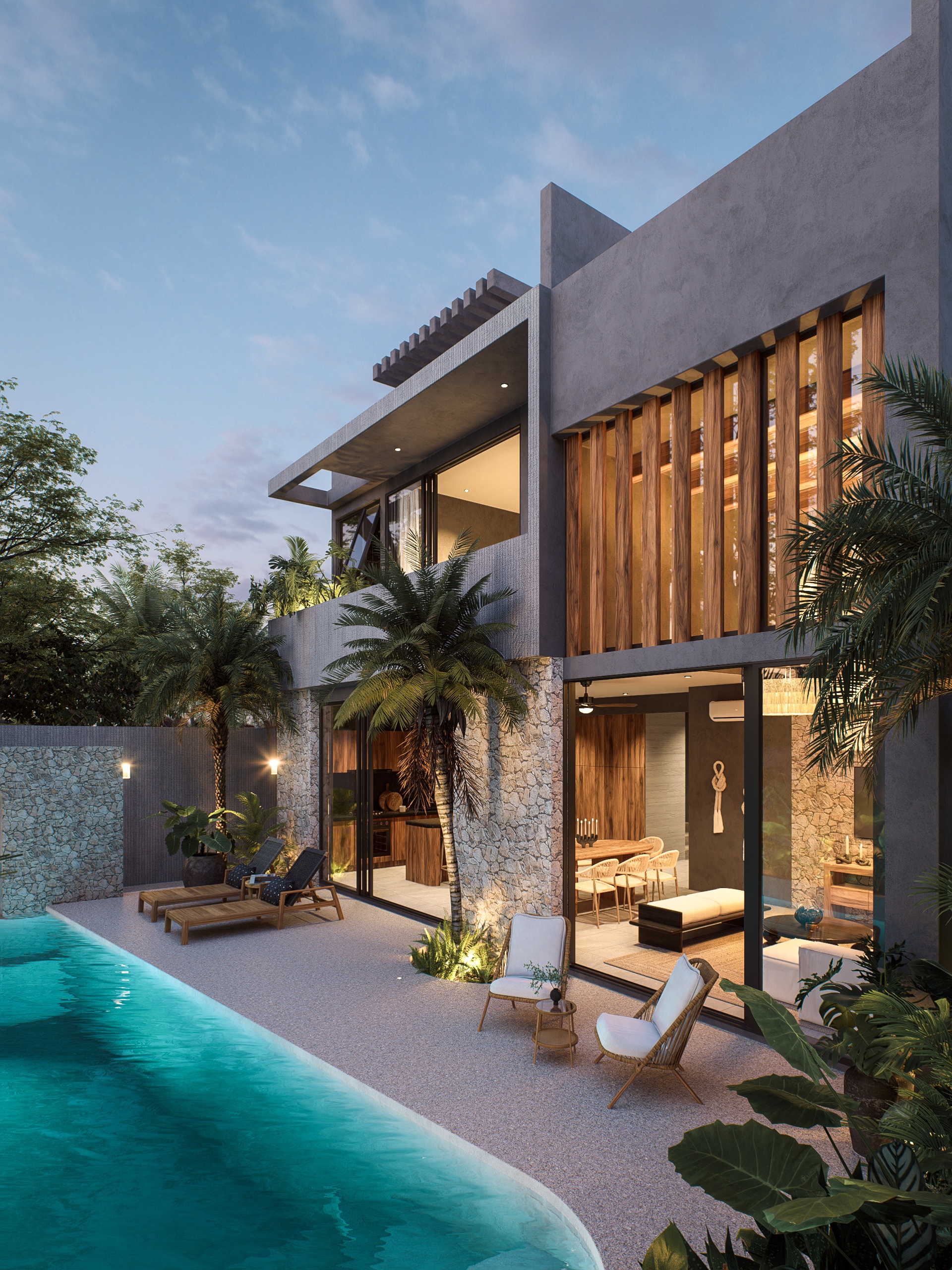 Villa Alma ground-floor pool render, dusk