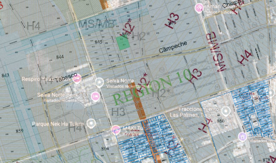 Municipal zoning map showing the H2 land-use designation across the Región 10 corridor