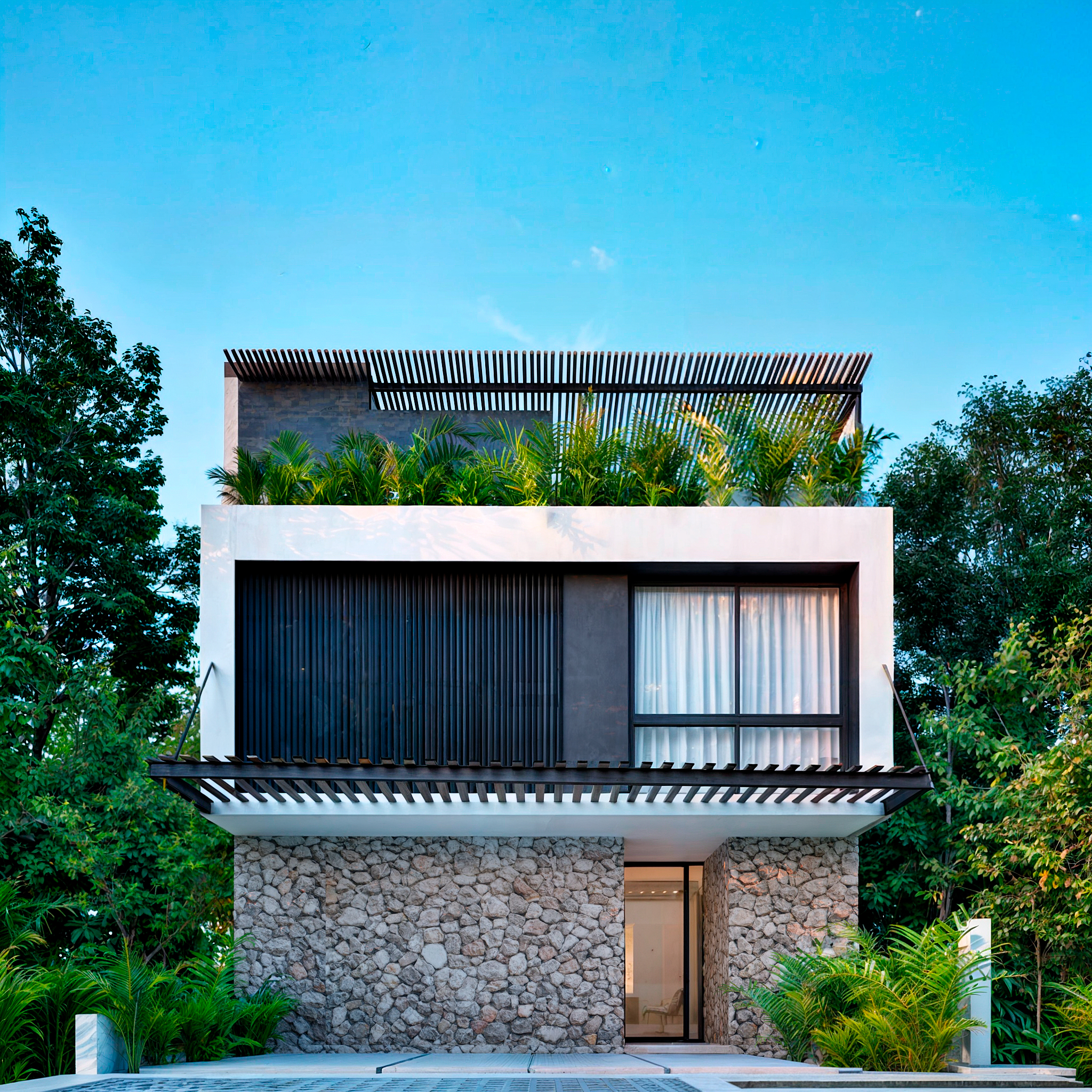 Rendering of the front elevation of Casa Tuux, a three-level house with a stone base and a planted roof garden