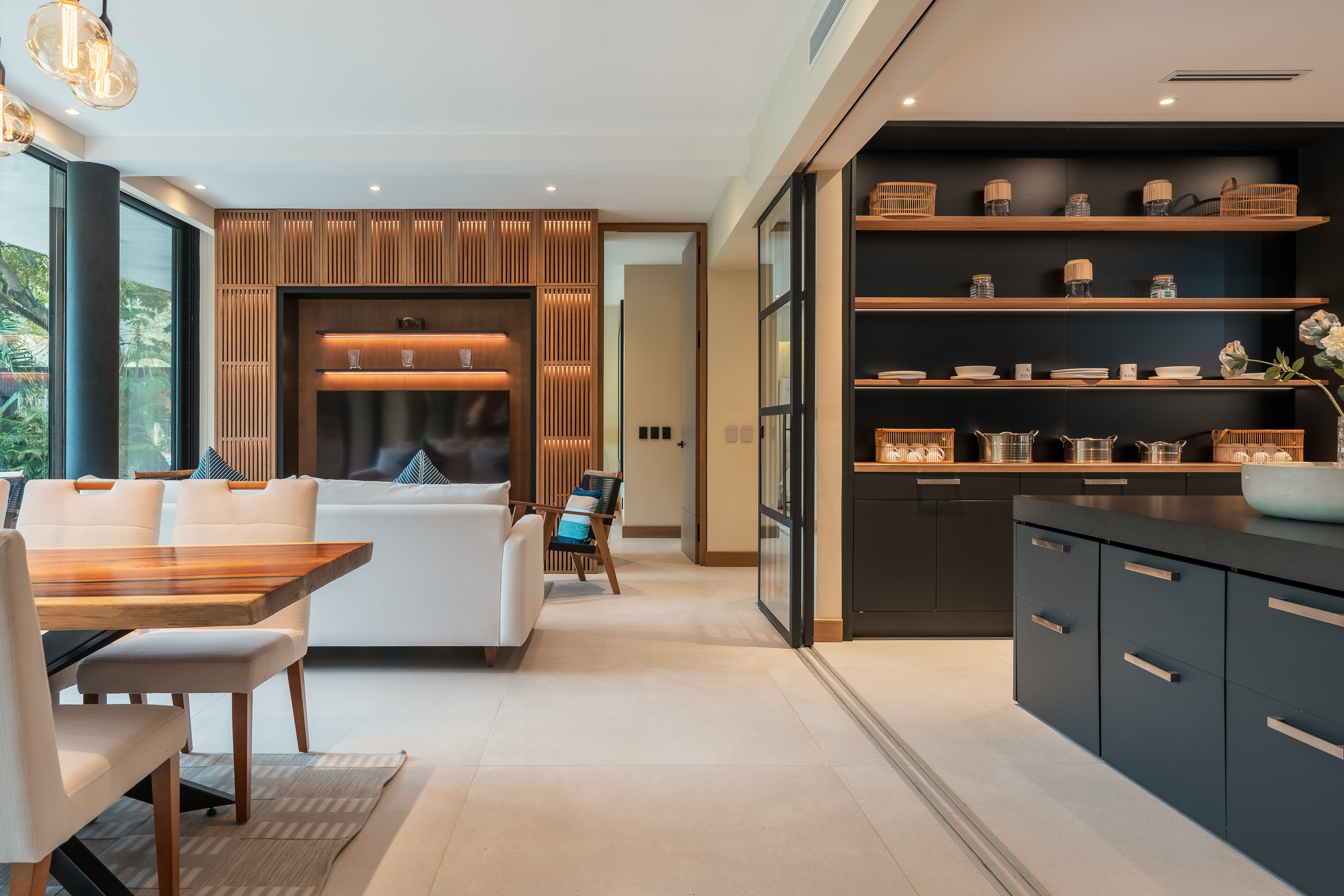 Finished living and dining area in the model residence