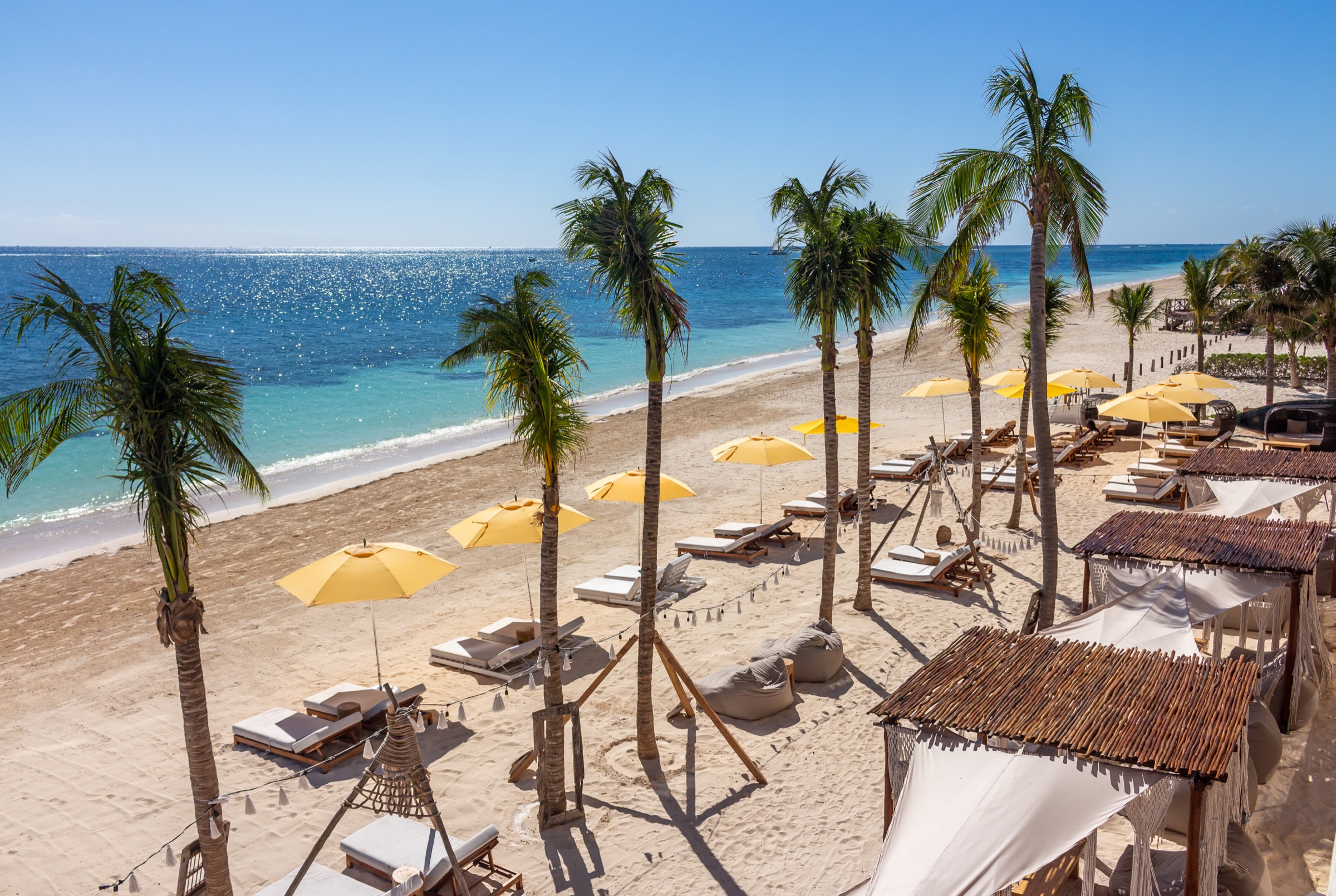 Beach club loungers and umbrellas on the sand