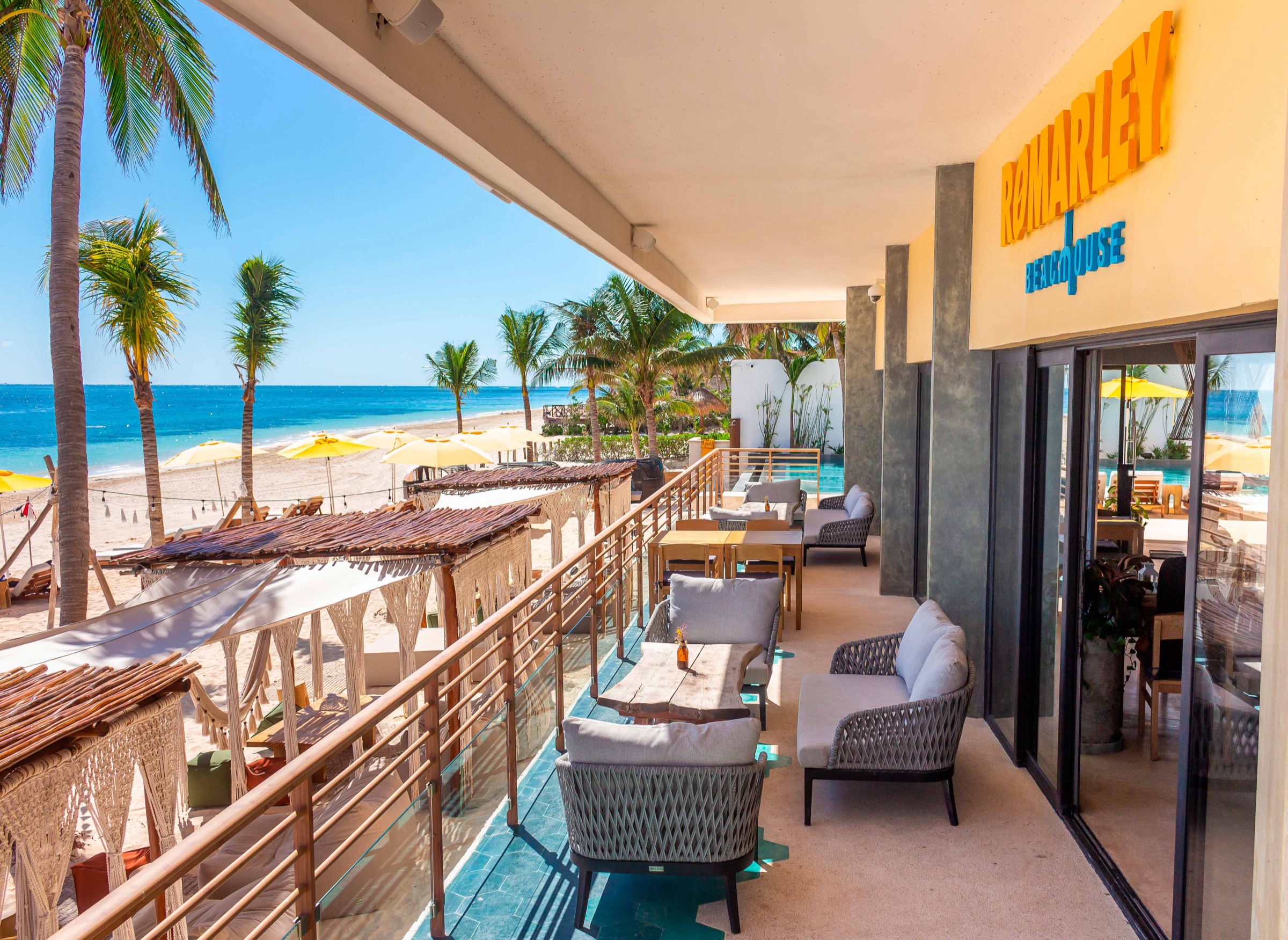 RoMarley Beach House seating area facing the Caribbean