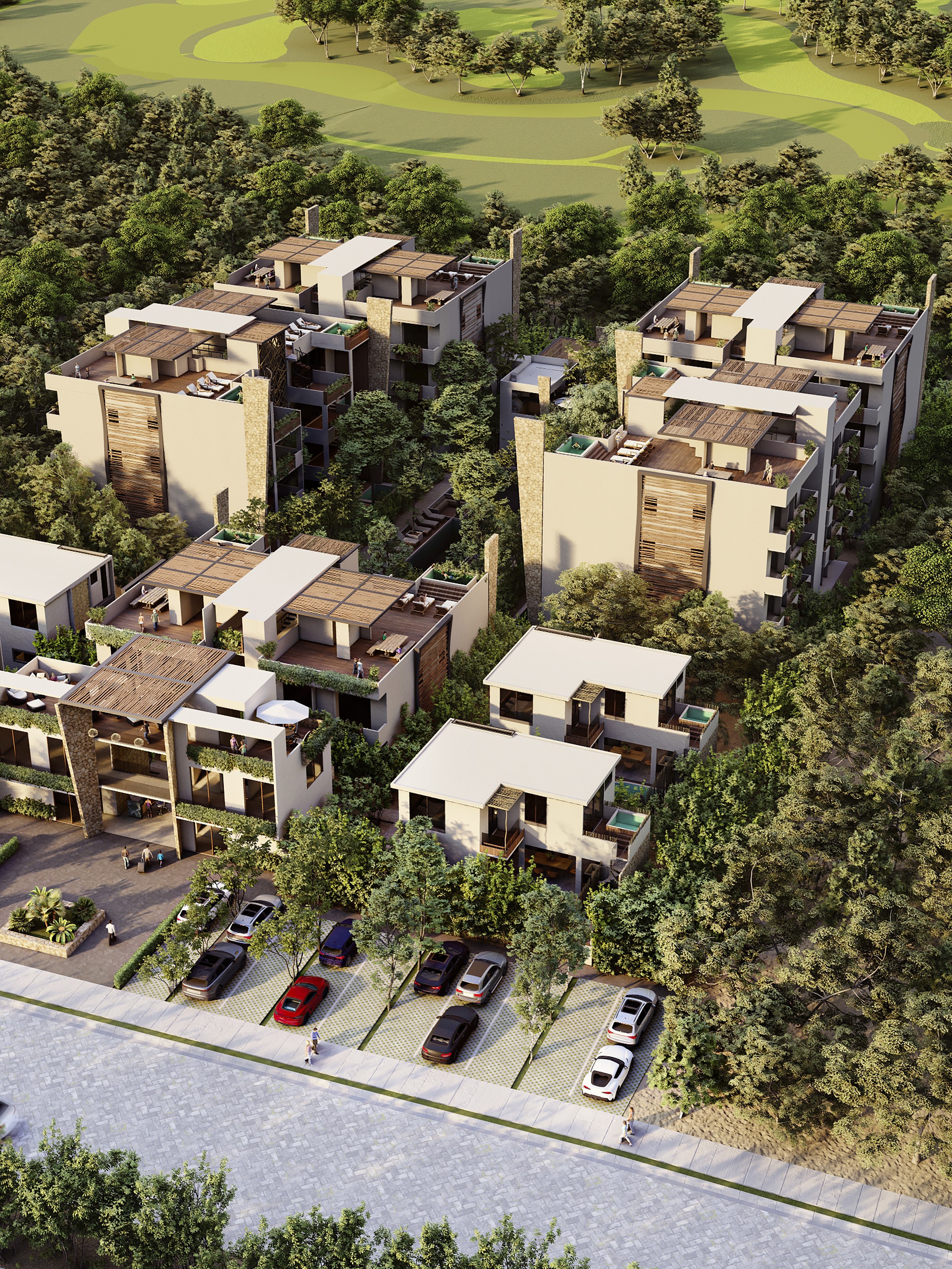 Aerial render of villas on the golf course inside Tulum Country Club, Akumal