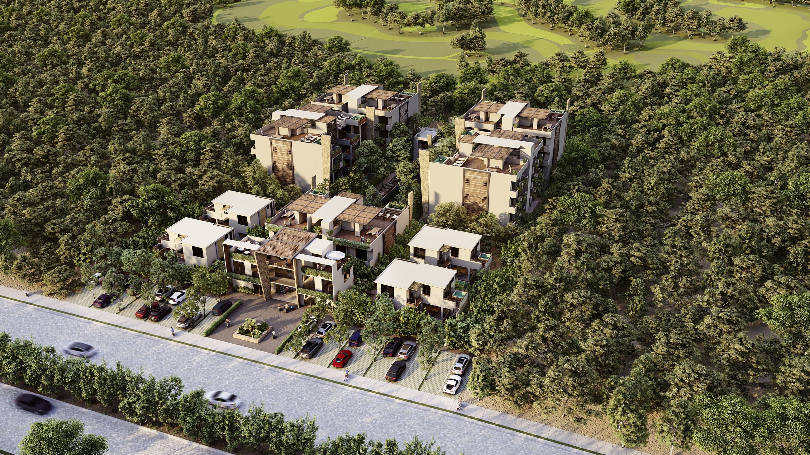 Aerial render of villas on the golf course inside Tulum Country Club, Akumal