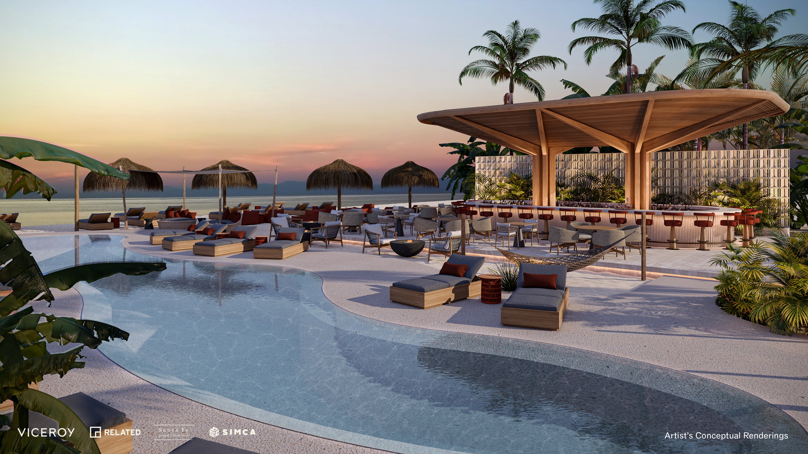 Beach club pool and cabanas at sunset