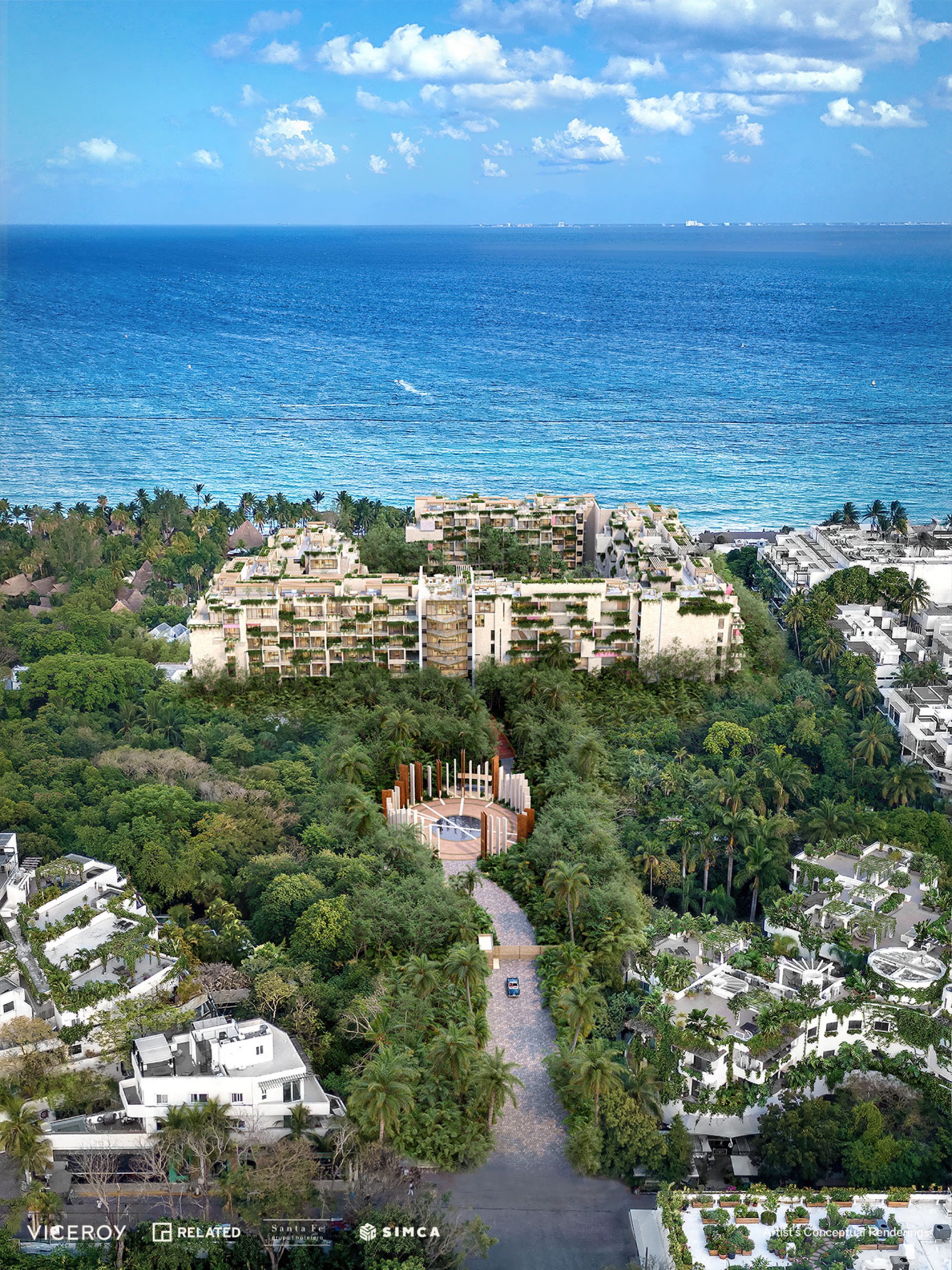 Viceroy Residences Playa del Carmen, aerial of the coastline and rooftop pools