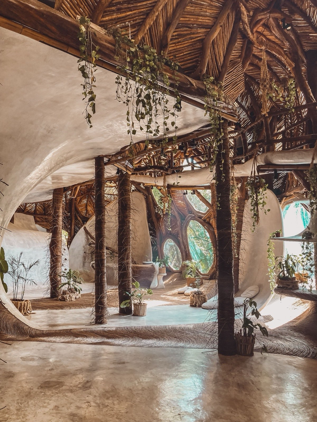 Organic Tulum interior with wood structure, vines and polished cement