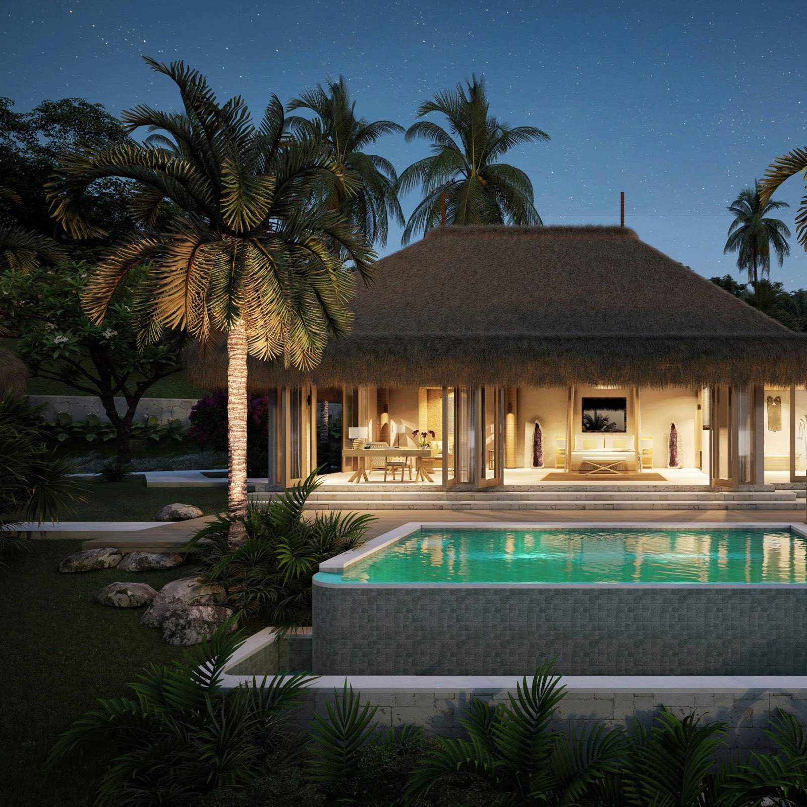 Palapa-roof villa with private pool at dusk